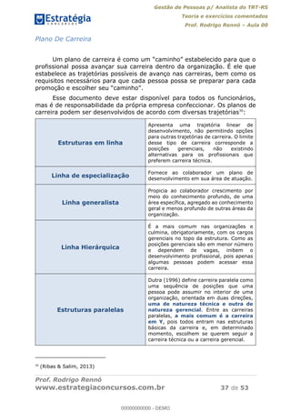 Gestão de Pessoas p/ Analista do TRT-RS
Teoria e exercícios comentados
Prof. Rodrigo Rennó Aula 00
Prof. Rodrigo Rennó
www.estrategiaconcursos.com.br 37 de 53
Plano De Carreira
profissional possa avançar sua carreira dentro da organização. É ele que
estabelece as trajetórias possíveis de avanço nas carreiras, bem como os
requisitos necessários para que cada pessoa possa se preparar para cada
Esse documento deve estar disponível para todos os funcionários,
mas é de responsabilidade da própria empresa confeccionar. Os planos de
carreira podem ser desenvolvidos de acordo com diversas trajetórias30
:
Estruturas em linha
Apresenta uma trajetória linear de
desenvolvimento, não permitindo opções
para outras trajetórias de carreira. O limite
desse tipo de carreira corresponde a
posições gerenciais, não existindo
alternativas para os profissionais que
preferem carreira técnica.
Linha de especialização
Fornece ao colaborador um plano de
desenvolvimento em sua área de atuação.
Linha generalista
Propicia ao colaborador crescimento por
meio do conhecimento profundo, de uma
área específica, agregado ao conhecimento
geral e menos profundo de outras áreas da
organização.
Linha Hierárquica
É a mais comum nas organizações e
culmina, obrigatoriamente, com os cargos
gerenciais no topo da estrutura. Como as
posições gerenciais são em menor número
e dependem de vagas, inibem o
desenvolvimento profissional, pois apenas
algumas pessoas podem acessar essa
carreira.
Estruturas paralelas
Dutra (1996) define carreira paralela como
uma sequência de posições que uma
pessoa pode assumir no interior de uma
organização, orientada em duas direções,
uma de natureza técnica e outra de
natureza gerencial. Entre as carreiras
paralelas, a mais comum é a carreira
em Y, pois todos entram nas estruturas
básicas da carreira e, em determinado
momento, escolhem se querem seguir a
carreira técnica ou a carreira gerencial.
30
(Ribas & Salim, 2013)
00000000000
00000000000 - DEMO
 