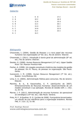 Gestão de Pessoas p/ Analista do TRT-RS
Teoria e exercícios comentados
Prof. Rodrigo Rennó Aula 00
Prof. Rodrigo Rennó
www.estrategiaconcursos.com.br 52 de 53
Gabarito
1. A
2. B
3. D
4. B
5. E
6. C
7. D
8. C
9. D
10. C
11. B
12. C
13. A
14. B
15. E
16. C
17. E
18. D
19. A
20. C
21. E
22. B
23. C
Bibliografia
Chiavenato, I. (2004). Gestão de Pessoas: e o novo papel dos recursos
humanos nas organizações (2° Ed. ed.). Rio de Janeiro: Elsevier.
Chiavenato, I. (2011). Introdução à teoria geral da administração (8° ed.
ed.). Rio de Janeiro: Elsevier.
Dessler, G. (2008). Human Resource Management (11° ed.). Upper Saddle
River: Ed .Pearson Prentice-Hall.
Fischer, A. (1998). Um resgate conceitual e histórico dos modelos de gestão
de pessoas. Em M. Fleury, As pessoas na organização. São Paulo:
Gente.
Ivancevich, J. M. (1998). Human Resource Management (7° Ed. ed.).
Boston: Irvin/McGraw Hill.
Lima, C. A. (2005). Administração Pública para concursos. Rio de Janeiro:
Elsevier.
Marinho, B. d., & Vasconcellos, E. P. (abril/junho de 2007).
Dimensionamento de Recursos Humanos: desenvolvimento de um
modelo conceitual e sua aplicação. Revista de Gestão USP, v. 14(n.
2), 61-76.
Marras, J. P. (2011). Administração de recursos humanos: do operacional
ao estratégico (14° Ed. ed.). São Paulo: Saraiva.
Pinto, M. F., & Quelhas, O. G. (jul/dez de 2008). Funcionários terceirizados:
um estudo da sua relevância para a organização brasileira. Revista
FAE, V. 11(n. 2), 51-58.
00000000000
00000000000 - DEMO
 