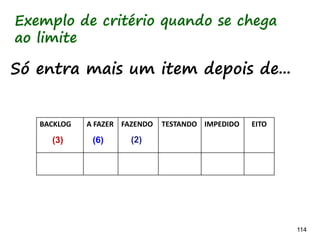 114114
BACKLOG A FAZER FAZENDO TESTANDO IMPEDIDO FEITO
Quando o espaço
permite
Proposta 1 –
Coluna “Testando”
 