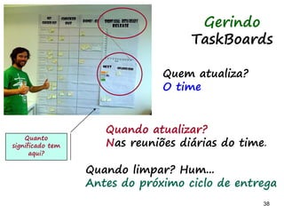38 38
O que há
em um
TaskBoard?
Necessidades
Microgenéricas
-Time participante
-Tipos de atividades a
serem feitas
-Tarefas a serem feitas
-Priorização
-Itens do Backlog -Impedimentos
-Estado da tarefas
-Progresso
-Restrições
-Calendário
 