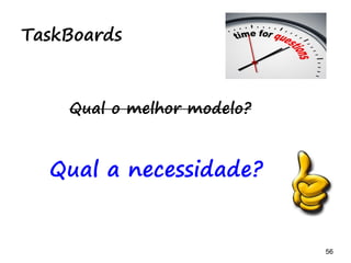 56 56
-Altere as funcionalidades/ historias do
planejamento para este modelo
-Indique suas prioridades
-Adicione ao taskboard
#6 Real: 8
Cadastro de
Alunos
Irregulares
Exercitando
 