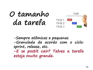 82 82
Exercício
-Faça uma reunião diária e inicie as tarefas
BACKLOG A FAZER FAZENDO TESTANDO IMPEDIDO FEITO
 