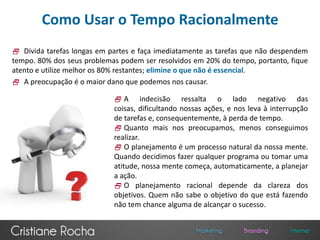 Na maioria das vezes, ficamos preocupados porque não temos metas e planos de ações estabelecidos. O Cotidiano no TrabalhoAs interrupções inesperadas são uma das maiores fontes de perda de tempo e uma constante ameaça à nossa produtividade e eficiência. Infelizmente, não temos como eliminá-las, mas podemos administrá-las de forma eficiente e racional.