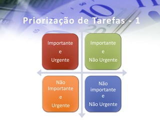 Priorização de Tarefas - 1

     Importante   Importante
         e            e
      Urgente     Não Urgente



        Não          Não
     Importante   importante
         e            e
      Urgente     Não Urgente
 