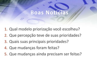 Boas Notícias

1. Qual modelo priorização você escolheu?
2. Que percepção teve de suas prioridades?
3. Quais suas principais prioridades?
4. Que mudanças foram feitas?
5. Que mudanças ainda precisam ser feitas?
 
