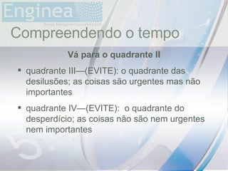 time Compreendendo o tempo Vá para o quadrante II quadrante III—(EVITE): o quadrante das desilusões; as coisas são urgentes mas não importantes quadrante IV—(EVITE):  o quadrante do desperdício; as coisas não são nem urgentes nem importantes 
