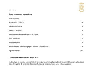 continuação NÚCLEO VIABILIDADE DO NEGÓCIO No. de horas-aula Planejamento Tributário  24 Orçamento e Controle  24 Matemática Financeira  24 Financiamento – Fontes e Estrutura de Capital 24 Direito Empresarial 24 Jogos de Negócios  24 Plano de Negócio  (Metodologia para Trabalho Final de Curso)  36 Carga Horária Total    360 METODOLOGIA DE ENSINO E OS ENCONTROS A metodologia de ensino é desenvolvida de forma que os conceitos lecionados, de cada matéria, sejam aplicados ao plano de negócio. Os conceitos são apresentados através de dinâmicas, como estudos de casos. Essa forma de aprendizado faz com que a aula se torne mais dinâmica e ligue esses conteúdos à vida do dia-a-dia. Permitindo que você conecte os conhecimentos adquiridos em sala de aula aos problemas que encontras no trabalho.  EMENTAS Personalidade  e  Liderança Importância da integração das pessoas da organização. Dinâmicas de Integração. Comunicação verbal e não verbal. Barreiras físicas e interpessoais. Conflitos interpessoais e de grupo. Assertividade e as relações em grupo. Motivação. Satisfação do funcionário. Trabalhos em equipe. Formação e importância para o administrador. Auto-conhecimento e importância para o administrador.  Tipos de liderança. 