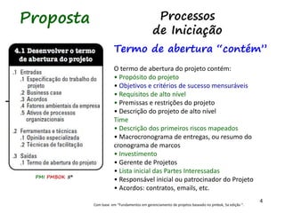 4
Termo de abertura “contém”
O termo de abertura do projeto contém:
• Propósito do projeto
• Objetivos e critérios de sucesso mensuráveis
• Requisitos de alto nível
• Premissas e restrições do projeto
• Descrição do projeto de alto nível
Time
• Descrição dos primeiros riscos mapeados
• Macrocronograma de entregas, ou resumo do
cronograma de marcos
• Investimento
• Gerente de Projetos
• Lista inicial das Partes Interessadas
• Responsável inicial ou patrocinador do Projeto
• Acordos: contratos, emails, etc.
Com base em “Fundamentos em gerenciamento de projetos baseado no pmbok, 5a edição “.
Processos
de Iniciação
Proposta
PMI PMBOK 5ª
 