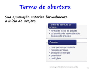 6
Termo de abertura
Sua aprovação autoriza formalmente
o início do projeto.
Fonte imagem: https://escritoriodeprojetos.com.br/
 
