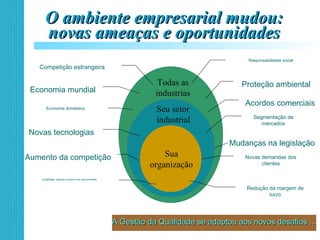 O ambiente empresarial mudou:O ambiente empresarial mudou:
novas ameaças e oportunidadesnovas ameaças e oportunidades
Mudanças na legislação
Todas as
industrias
Seu setor
industrial
Sua
organização
Proteção ambiental
Acordos comerciais
Economia mundial
Economia doméstica
Novas tecnologias
Aumento da competição Novas demandas dos
clientes
Responsabilidade social
Qualidade, preços e prazos dos concorrentes
Redução da margem de
lucro
Segmentação de
mercados
Competição estrangeira
A Gestão da Qualidade se adaptou aos novos desafios ...A Gestão da Qualidade se adaptou aos novos desafios ...
 