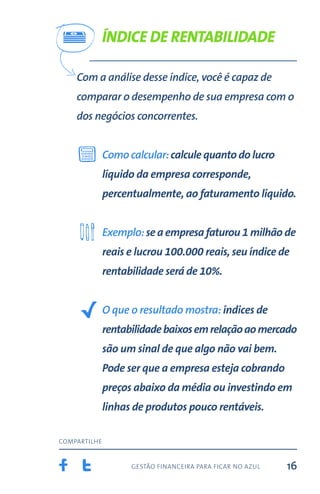 gestão financeira para ficar no azul
compartilhe
16
Com a análise desse índice, você é capaz de
comparar o desempenho de sua empresa com o
dos negócios concorrentes.
Como calcular:calcule quanto do lucro
líquido da empresa corresponde,
percentualmente, ao faturamento líquido.
Exemplo:se a empresa faturou 1 milhão de
reais e lucrou 100.000 reais, seu índice de
rentabilidade será de 10%.
O que o resultado mostra: índices de
rentabilidadebaixosemrelaçãoaomercado
são um sinal de que algo não vai bem.
Pode ser que a empresa esteja cobrando
preços abaixo da média ou investindo em
linhas de produtos pouco rentáveis.
Índice de rentabilidade
 