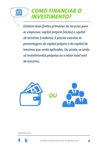 gestão financeira para ficar no azul
compartilhe
9
COMO FINANCIAR O
INVESTIMENTO?
ou
Existem duas fontes primárias de recursos para
as empresas: capital próprio (sócios) e capital
de terceiros (credores). É preciso calcular as
porcentagens de capital próprio e de capital de
terceiros que serão aplicadas. Ou ainda, se serão
só investimentos próprios ou o valor total será
de terceiros.
 