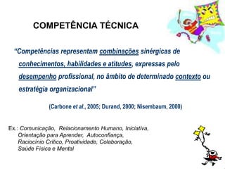 Ex.: Comunicação, Relacionamento Humano, Iniciativa,
Orientação para Aprender, Autoconfiança,
Raciocínio Crítico, Proatividade, Colaboração,
Saúde Física e Mental
COMPETÊNCIA TÉCNICA
“Competências representam combinações sinérgicas de
conhecimentos, habilidades e atitudes, expressas pelo
desempenho profissional, no âmbito de determinado contexto ou
estratégia organizacional”
(Carbone et al., 2005; Durand, 2000; Nisembaum, 2000)
 
