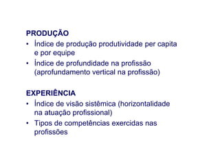 PRODUÇÃO
• Índice de produção produtividade per capita
e por equipe
• Índice de profundidade na profissão
(aprofundamento vertical na profissão)
EXPERIÊNCIA
• Índice de visão sistêmica (horizontalidade
na atuação profissional)
• Tipos de competências exercidas nas
profissões
 