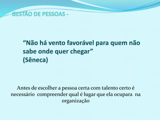 “Não há vento favorável para quem não
sabe onde quer chegar”
(Sêneca)
Antes de escolher a pessoa certa com talento certo é
necessário compreender qual é lugar que ela ocupara na
organização
 