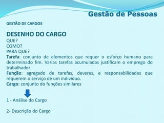 GESTÃO DE CARGOS
DESENHO DO CARGO
QUE?
COMO?
PARA QUE?
Tarefa: conjunto de elementos que requer o esforço humano para
determinado fim. Varias tarefas acumuladas justificam o emprego do
trabalhador
Função: agregado de tarefas, deveres, e responsabilidades que
requerem o serviço de um individuo.
Cargo: conjunto do funções similares
1 - Análise do Cargo
2- Descrição do Cargo
 