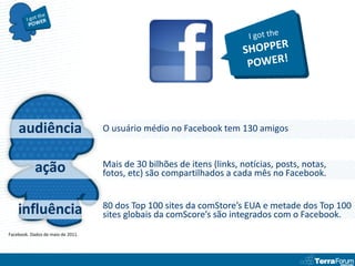 audiência                      O usuário médio no Facebook tem 130 amigos



            ação                   Mais de 30 bilhões de itens (links, notícias, posts, notas,
                                   fotos, etc) são compartilhados a cada mês no Facebook.


                                   80 dos Top 100 sites da comStore’s EUA e metade dos Top 100
    influência                     sites globais da comScore’s são integrados com o Facebook.
Facebook. Dados de maio de 2011.
 