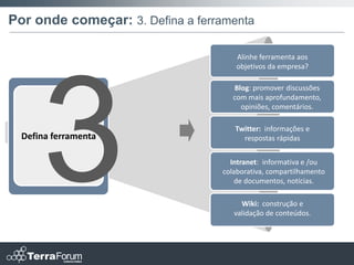 Por onde começar: 3. Defina a ferramenta

                                      Alinhe ferramenta aos
                                      objetivos da empresa?

                                     Blog: promover discussões
                                     com mais aprofundamento,
                                       opiniões, comentários.

                                     Twitter: informações e
  Defina ferramenta                    respostas rápidas


                                    Intranet: informativa e /ou
                                  colaborativa, compartilhamento
                                      de documentos, notícias.

                                       Wiki: construção e
                                     validação de conteúdos.
 