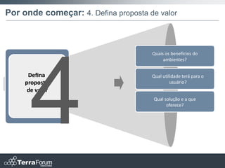 Por onde começar: 4. Defina proposta de valor



                                      Quais os benefícios do
                                           ambientes?


      Defina                          Qual utilidade terá para o
     proposta                                  usuário?
      de valor
                                      Qual solução e a que
                                            oferece?
 