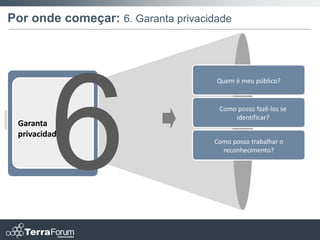 Por onde começar: 6. Garanta privacidade



                                     Quem é meu público?


                                     Como posso fazê-los se
                                         identificar?
 Garanta
 privacidade
                                    Como posso trabalhar o
                                      reconhecimento?
 