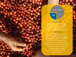 Integração   Planejamento




          Triagem e        Busca
           Seleção




           Tradicional:
    A empresa realiza análise
    de currículos e entrevistas,
   promove testes e dinâmicas,
   busca contatos e referências.
              Web 2.0:
    Empresa analisa currículo,
  perfis em plataformas sociais
 (Facebook, Orkut, LinkedIn),
     busca referências, realiza
 entrevistas, dinâmicas e testes.
Candidato busca referências sobre
  a empresa, avalia sua atuação
     e consulta funcionários,
     ex-funcionários, clientes
          e fornecedores.
 