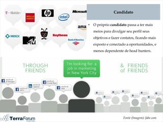 Candidato


•   O próprio candidato passa a ter mais
    meios para divulgar seu perfil seus
    objetivos e fazer contatos, ficando mais
    exposto e conectado a oportunidades, e
    menos dependente de head hunters.




                       Fonte (Imagem): Jabe.com
 