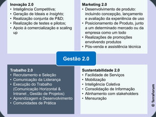 Inovação 2.0                          Marketing 2.0
• Inteligência Competitiva;           • Desenvolvimento de produto:
• Geração de Ideais e Insights;         incluindo concepção, lançamento
• Realização conjunta de P&D;           e avaliação da experiência de uso
• Realização de testes e pilotos;     • Posicionamento de Produto, junto
• Apoio à comercialização e scaling     a um determinado mercado ou da
  up                                    empresa como um todo
                                      • Realizações de promoções
                                        envolvendo produtos
                                      • Pós-venda e assistência técnica


                             Gestão 2.0

Trabalho 2.0                          Sustentabilidade 2.0
• Recrutamento e Seleção              • Facilidade de Serviços
• Comunicação da Liderança            • Mobilização
• Execução do Trabalho                • Inteligência Coletiva




                                                                            © TerraForum
  (Comunicação Horizontal &           • Consolidação de Informação
  Intranet , Gestão de Projetos)      • Alinhamento com stakeholders
• Aprendizagem e Desenvolvimento      • Mensuração
• Comunidades de Prática
 