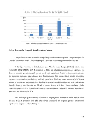 Gráfico 4 ­Distribuição 
regional dos CAPSad (2010). Brasil. 
Fonte: Coordenação de Saúde Mental. Álcool e Outras Drogas – MS. 
Leitos de Atenção Integral, álcool e outras drogas 
A ampliação dos leitos existentes e implantação de novos Leitos para a Atenção Integral aos 
Usuários de Álcool e outras Drogas em Hospital Geral tem sido uma ação continuada no MS. 
Os Serviços Hospitalares de Referência para Álcool e outras Drogas (SHRad), criados pela 
Portaria Nº 1.612/GM/MS, de 9 de setembro de 2005, não alcançaram os resultados esperados por 
diversos motivos, que passam pela norma em si, pela capacidade de convencimento dos gestores, 
por questões técnicas e operacionais, pelo financiamento. Esta estratégia de gestão necessitou, 
portanto, ser revisada e ampliada por meio da portaria nº 2.842, de 20 de setembro de 2010, que 
aprova as normas de funcionamento e habilitação dos Serviços Hospitalares de Referência para a 
Atenção Integral aos Usuários de Álcool e outras Drogas – SHRad. Foram também criados 
procedimentos específicos de crack/cocaína com valor diário diferenciado por meio da portaria SAS 
480, de 20 de setembro de 2010. 
Estas mudanças possibilitaram/facilitaram a ampliação no número de leitos. Sendo assim, 
ao final de 2010 contamos com 248 leitos novos habilitados em hospitais gerais e um número 
significativo em processo de habilitação. 
48 
 