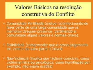 Valores Básicos na resolução
         construtiva do Conflito
• Comunidade Partilhada (mútuo reconhecimento de
  fazer parte de uma larga comunidade que os
  membros desejam preservar, partilhando a
  comunidade alguns valores e normas-chave)

• Falibilidade (compreender que o nosso julgamento
  tal como o da outra parte é falível)

• Não-Violência (implica que tácticas coercivas, como
  violência física ou psicológica, como humilhação por
  exemplo, não sejam usadas)
 