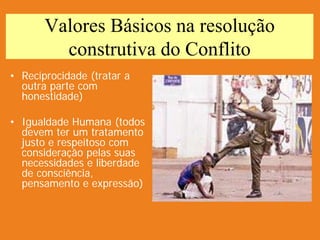 Valores Básicos na resolução
         construtiva do Conflito
• Reciprocidade (tratar a
  outra parte com
  honestidade)

• Igualdade Humana (todos
  devem ter um tratamento
  justo e respeitoso com
  consideração pelas suas
  necessidades e liberdade
  de consciência,
  pensamento e expressão)
 
