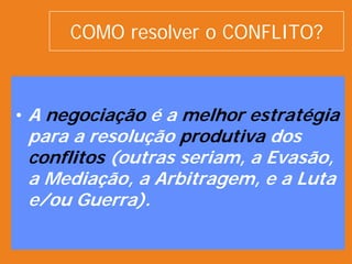 COMO resolver o CONFLITO?



• A negociação é a melhor estratégia
 para a resolução produtiva dos
 conflitos (outras seriam, a Evasão,
 a Mediação, a Arbitragem, e a Luta
 e/ou Guerra).
 