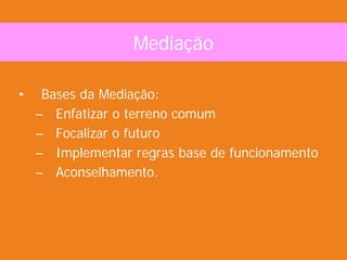 Mediação

•    Bases da Mediação:
    – Enfatizar o terreno comum
    – Focalizar o futuro
    – Implementar regras base de funcionamento
    – Aconselhamento.
 