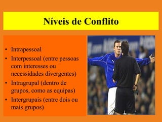 Níveis de Conflito

• Intrapessoal
• Interpessoal (entre pessoas
  com interesses ou
  necessidades divergentes)
• Intragrupal (dentro de
  grupos, como as equipas)
• Intergrupais (entre dois ou
  mais grupos)
 