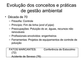 Evolução dos conceitos e práticas
de gestão ambiental
• Década de 70
– Filosofia: Controle
– Princípio: Fim de linha (end of pipe)
– Preocupações: Poluição do ar, águas, recursos não
renováveis
– Profissionais envolvidos: engenheiros
– Ferramentas: Projetos de equipamentos de controle de
poluição
FATOS MARCANTES: Conferência de Estocolmo
(72)
Acidente de Seveso (76)
 