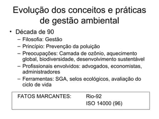 Evolução dos conceitos e práticas
de gestão ambiental
• Década de 90
– Filosofia: Gestão
– Princípio: Prevenção da poluição
– Preocupações: Camada de ozônio, aquecimento
global, biodiversidade, desenvolvimento sustentável
– Profissionais envolvidos: advogados, economistas,
administradores
– Ferramentas: SGA, selos ecológicos, avaliação do
ciclo de vida
FATOS MARCANTES: Rio-92
ISO 14000 (96)
 