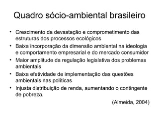 Quadro sócio-ambiental brasileiro
• Crescimento da devastação e comprometimento das
estruturas dos processos ecológicos
• Baixa incorporação da dimensão ambiental na ideologia
e comportamento empresarial e do mercado consumidor
• Maior amplitude da regulação legislativa dos problemas
ambientais
• Baixa efetividade de implementação das questões
ambientais nas políticas
• Injusta distribuição de renda, aumentando o contingente
de pobreza.
(Almeida, 2004)
 