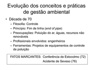 Evolução dos conceitos e práticas
de gestão ambiental
• Década de 70
– Filosofia: Controle
– Princípio: Fim de linha (end of pipe)
– Preocupações: Poluição do ar, águas, recursos não
renováveis
– Profissionais envolvidos: engenheiros
– Ferramentas: Projetos de equipamentos de controle
de poluição
FATOS MARCANTES: Conferência de Estocolmo (72)
Acidente de Seveso (76)
 
