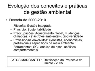 Evolução dos conceitos e práticas
de gestão ambiental
• Década de 2000-2010
– Filosofia: Gestão Integrada
– Princípio: Sustentabilidade
– Preocupações: Aquecimento global, mudanças
climáticas, catástrofes ambientais, biodiversidade
– Profissionais envolvidos: cientistas, economistas,
profissionais específicos de meio ambiente
– Ferramentas: SGI, análise de risco, análises
comportamentais.
FATOS MARCANTES: Ratificação do Protocolo de
Quioto - 2005
 