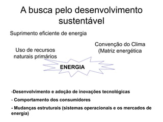 A busca pelo desenvolvimento
sustentável
Uso de recursos
naturais primários
Suprimento eficiente de energia
ENERGIA
Convenção do Clima
(Matriz energética
-Desenvolvimento e adoção de inovações tecnológicas
- Comportamento dos consumidores
- Mudanças estruturais (sistemas operacionais e os mercados de
energia)
 