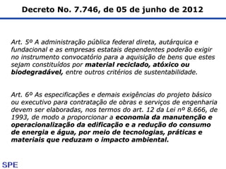 Decreto No. 7.746, de 05 de junho de 2012
Art. 5º A administração pública federal direta, autárquica eArt. 5º A administração pública federal direta, autárquica e
fundacional e as empresas estatais dependentes poderão exigirfundacional e as empresas estatais dependentes poderão exigir
no instrumento convocatório para a aquisição de bens que estesno instrumento convocatório para a aquisição de bens que estes
sejam constituídos porsejam constituídos por material reciclado, atóxico oumaterial reciclado, atóxico ou
biodegradável,biodegradável, entre outros critérios de sustentabilidade.entre outros critérios de sustentabilidade.
Art. 6º As especificações e demais exigências do projeto básicoArt. 6º As especificações e demais exigências do projeto básico
ou executivo para contratação de obras e serviços de engenhariaou executivo para contratação de obras e serviços de engenharia
devem ser elaboradas, nos termos do art. 12 da Lei nº 8.666, dedevem ser elaboradas, nos termos do art. 12 da Lei nº 8.666, de
1993, de modo a proporcionar a1993, de modo a proporcionar a economia da manutenção eeconomia da manutenção e
operacionalização da edificação e a redução do consumooperacionalização da edificação e a redução do consumo
de energia e água, por meio de tecnologias, práticas ede energia e água, por meio de tecnologias, práticas e
materiais que reduzam o impacto ambiental.materiais que reduzam o impacto ambiental.
 