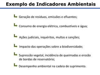 Geração de resíduos, emissões e efluentes;
Consumo de energia elétrica, combustíveis e água;
Ações judiciais, inquéritos, multas e sanções;
Impacto das operações sobre a biodiversidade;
Supressão vegetal, incidência de queimadas e erosão
de bordas de reservatório;
Desempenho ambiental na cadeia de suprimento.
Exemplo de Indicadores AmbientaisExemplo de Indicadores Ambientais
 