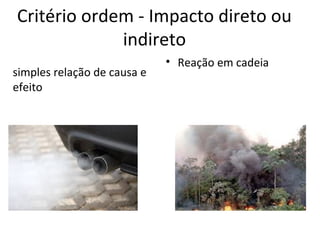 Critério ordem - Impacto direto ou 
indireto 
simples relação de causa e 
efeito 
• Reação em cadeia 
 