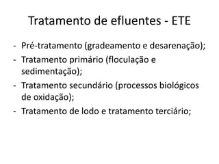 Tratamento de efluentes - ETE
- Pré-tratamento (gradeamento e desarenação);
- Tratamento primário (floculação e
sedimentação);
- Tratamento secundário (processos biológicos
de oxidação);
- Tratamento de lodo e tratamento terciário;
 