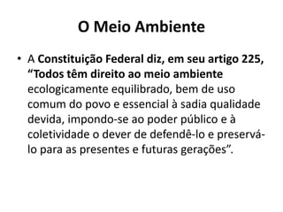 O Meio Ambiente
• A Constituição Federal diz, em seu artigo 225,
“Todos têm direito ao meio ambiente
ecologicamente equilibrado, bem de uso
comum do povo e essencial à sadia qualidade
devida, impondo-se ao poder público e à
coletividade o dever de defendê-lo e preservá-
lo para as presentes e futuras gerações”.
 