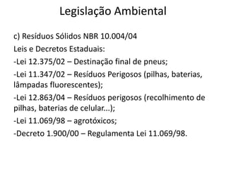 Legislação Ambiental
c) Resíduos Sólidos NBR 10.004/04
Leis e Decretos Estaduais:
-Lei 12.375/02 – Destinação final de pneus;
-Lei 11.347/02 – Resíduos Perigosos (pilhas, baterias,
lâmpadas fluorescentes);
-Lei 12.863/04 – Resíduos perigosos (recolhimento de
pilhas, baterias de celular...);
-Lei 11.069/98 – agrotóxicos;
-Decreto 1.900/00 – Regulamenta Lei 11.069/98.
 