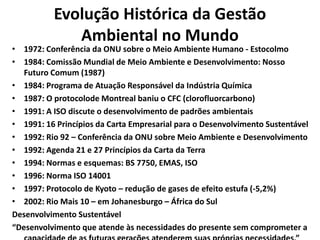 Evolução Histórica da Gestão
Ambiental no Mundo
• 1972: Conferência da ONU sobre o Meio Ambiente Humano - Estocolmo
• 1984: Comissão Mundial de Meio Ambiente e Desenvolvimento: Nosso
Futuro Comum (1987)
• 1984: Programa de Atuação Responsável da Indústria Química
• 1987: O protocolode Montreal baniu o CFC (clorofluorcarbono)
• 1991: A ISO discute o desenvolvimento de padrões ambientais
• 1991: 16 Princípios da Carta Empresarial para o Desenvolvimento Sustentável
• 1992: Rio 92 – Conferência da ONU sobre Meio Ambiente e Desenvolvimento
• 1992: Agenda 21 e 27 Princípios da Carta da Terra
• 1994: Normas e esquemas: BS 7750, EMAS, ISO
• 1996: Norma ISO 14001
• 1997: Protocolo de Kyoto – redução de gases de efeito estufa (-5,2%)
• 2002: Rio Mais 10 – em Johanesburgo – África do Sul
Desenvolvimento Sustentável
“Desenvolvimento que atende às necessidades do presente sem comprometer a
 