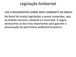 Legislação Ambiental
LEIS FUNDAMENTAIS SOBRE MEIO AMBIENTE NO BRASIL
No Brasil há muitas legislações a serem cumpridas, seja
ao âmbito nacional, estadual ou municipal. A seguir,
destacamos as leis mais importantes para garantir a
preservação do patrimônio ambiental brasileiro:
 