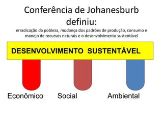 Conferência de Johanesburb
definiu:
erradicação da pobleza, mudança dos padrões de produção, consumo e
manejo de recursos naturais e o desenvolvimento sustentável
Econômico
DESENVOLVIMENTO SUSTENTÁVEL
Social Ambiental
 