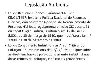 Legislação Ambiental
• Lei de Recursos Hídricos – número 9.433 de
08/01/1997: Institui a Política Nacional de Recursos
Hídricos, cria o Sistema Nacional de Gerenciamento de
Recursos Hídricos, regulamenta o inciso XIX do art. 21
da Constituição Federal, e altera o art. 1º da Lei nº
8.001, de 13 de março de 1990, que modificou a Lei nº
7.990, de 28 de dezembro de 1989.
• Lei do Zoneamento Industrial nas Áreas Críticas de
Poluição – número 6.803 de 02/07/1980: Dispõe sobre
as diretrizes básicas para o zoneamento industrial nas
áreas críticas de poluição, e dá outras providências.
 