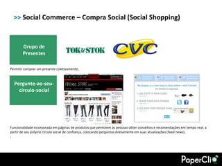 >> Social Commerce – Compra Social (Social Shopping)


       Grupo de
       Presentes

Permitir comprar um presente coletivamente;



  Pergunte-ao-seu-
    círculo-social




Funcionalidade incorporada em páginas de produtos que permitem às pessoas obter conselhos e recomendações em tempo real, a
partir de seu próprio círculo social de confiança, colocando perguntas diretamente em suas atualizações (feed news);
;
 